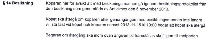 Textdokument som beskriver en klausul för besiktning i avtal med datum och detaljer om återgång av köp.