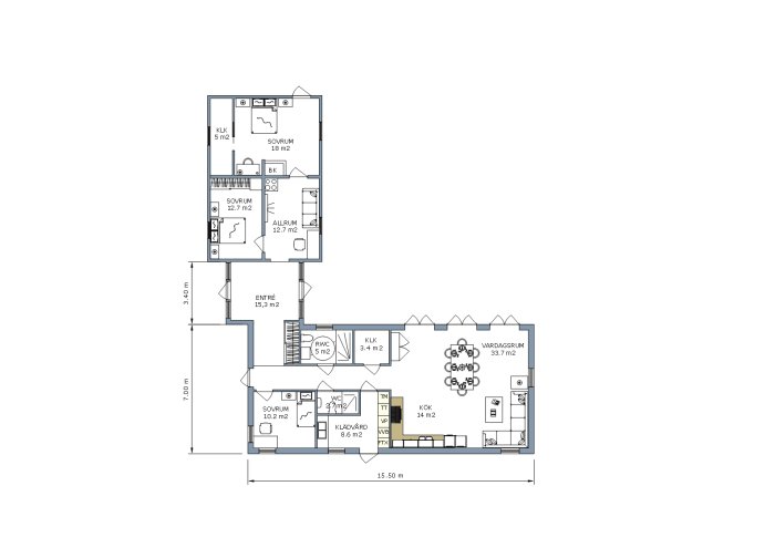 Arkitektritning av en husplanlösning med flera sovrum, vardagsrum, kök och badrum.