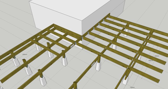 3D-ritning av trästomme till byggnad med markerade mått och grundplintar.