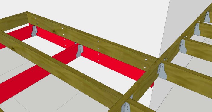 3D-modell av träreglar med röda bärlinor och balkskor monterade mot en vägg.