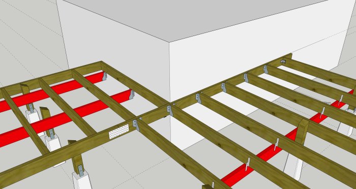 3D-ritning av träbjälklag med röda markeringar på potentiellt felaktiga delar.