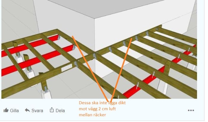 3D-modell av en altankonstruktion med textmarkerade avstånd från husvägg.