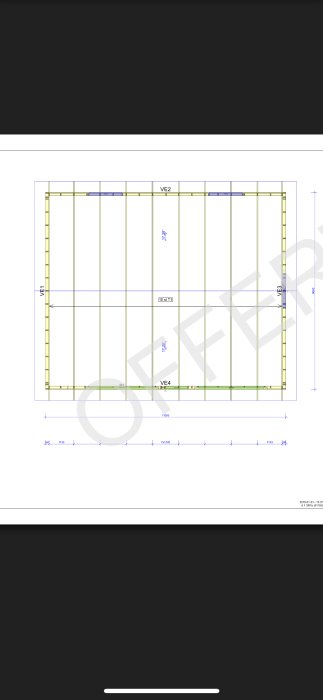 Ritning av ett garageprojekt med dimensioner och indelningar som visar garagets layout och struktur.