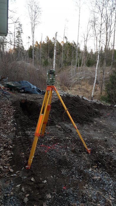 Teodelit placerad på ett stativ framför en grävd grop för mätning av vinklar och avstånd i ett byggprojekt.