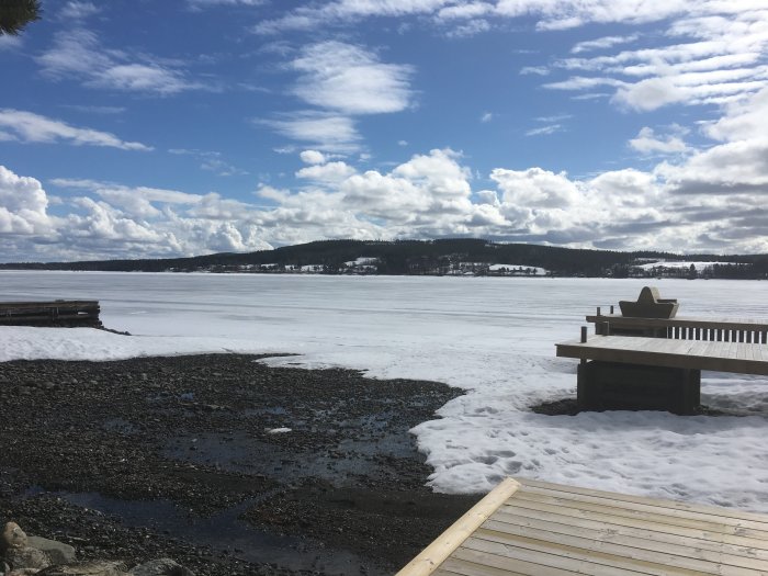 Vinterlandskap med delvis frusen sjö, blå himmel med moln, träbrygga och bänk, snö och skog i bakgrunden.