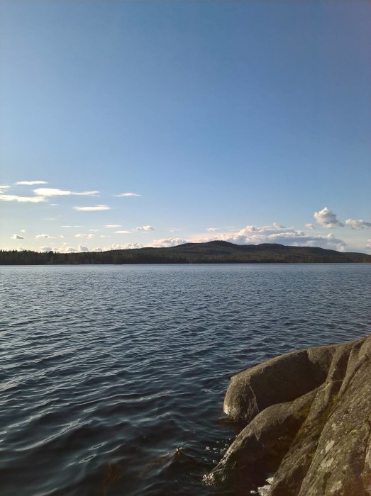 Sjölandskap med klippor i förgrunden och skogbeklädd horisont under klar himmel.