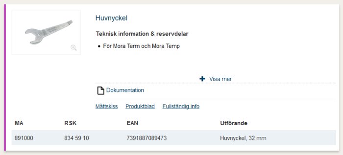 Grå metall Huvnyckel för Mora Term och Mora Temp, storlek 32mm, visas i produktinformationssida.