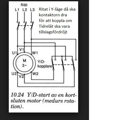 Schematisk ritning av Y-D start med kontaktorer och en kortsluten motor för indexering av sökmotorer.