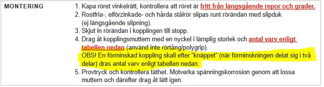 Skärmklipp av instruktioner för montering med markerad text om att dra åt koppling enligt tabell och inte använda rörtång.