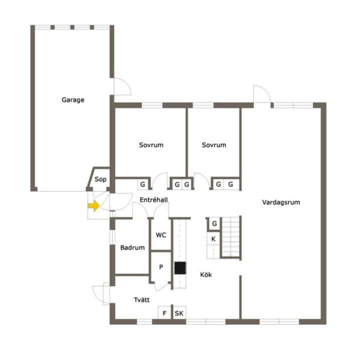 Planritning av en bostad med garage, två sovrum, badrum, kök, vardagsrum, tvättstuga och entréhall markerade.