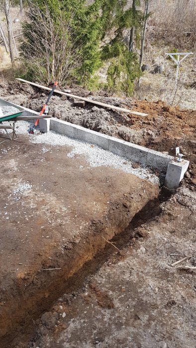 Grävd grund med makadam och lecablock i förberedelsefasen för byggprojekt.