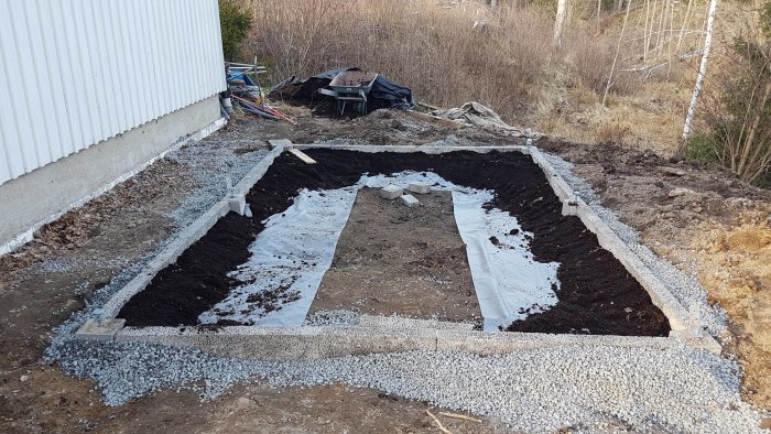 Grävd plats för byggprojekt med geoduk, makadam och lecablock på sidorna.