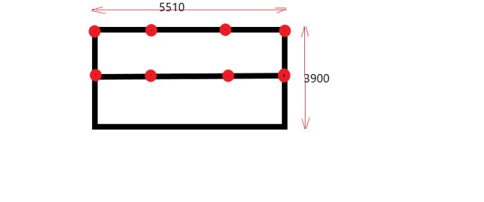 Schematisk ritning av byggnadsram med måttangivelser, röda markeringar för plintar och svarta linjer för balkar.