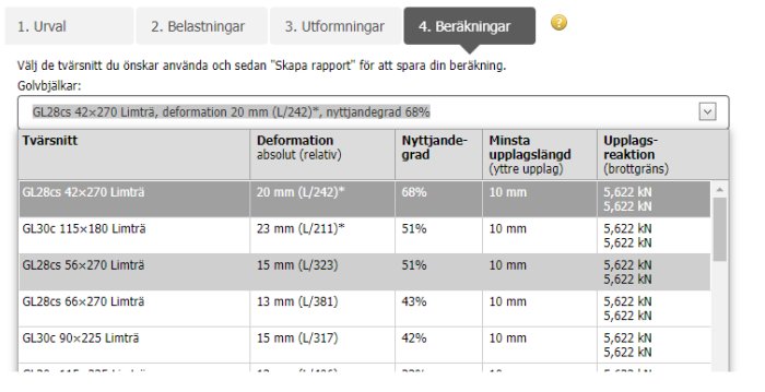 Calculation table for timber beams, showing different beam sizes with their deformation, utilization rate, minimum support length, and reaction force.
