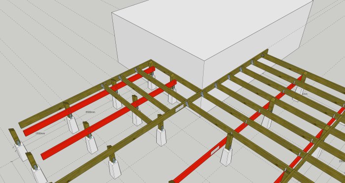 3D-modell av trästomme för byggnad med mätangivelser och röda sekundärbäringar infästade i en vägg.