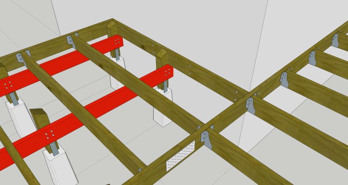 3D-modell av trästomme med sekundärbäring infäst i vägg och markerade platser för två nya stolpar.