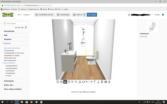 Ritningslayout av ett badrum med handfat, toalett och dusch i ett Ikea-planeringsprogram.