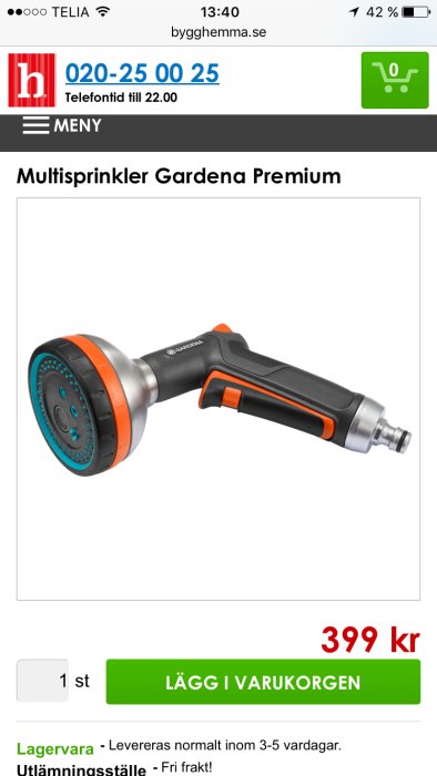 Multisprinkler Gardena Premium på en webbsida, pris och lägg i varukorgen-knapp syns.