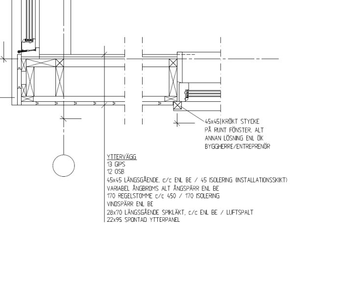 Arkitektritning som visar sektion och detaljer för tak- och väggkonstruktion med mått och materialbeskrivningar.