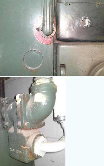 Värmesystem med spak och inställningsskala, och en gammal givare eller termostat med grön kabel.