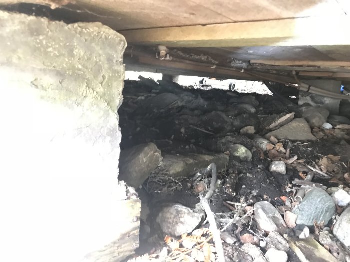 Bild på underlag av ett hus med synlig vit beläggning på en bjälke indikerande möjlig fukt- eller mögelskada.