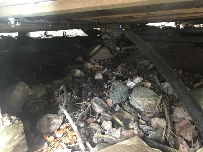 Område under hus med synliga bjälkar och stenig grund, möjliga vita fläckar på bjälken i mitten/vänster indicator för mögel.