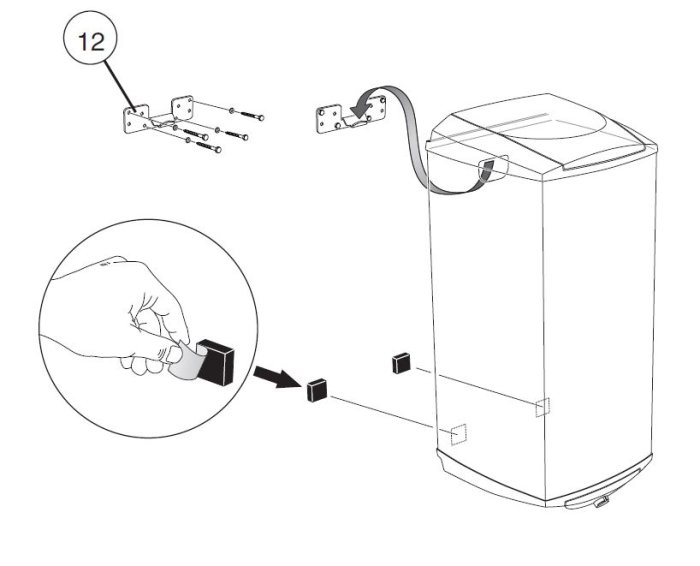 Illustration av väggfäste, gummikuddar och en varmvattenberedare, med en detaljbild på handen som placerar en gummikudde.