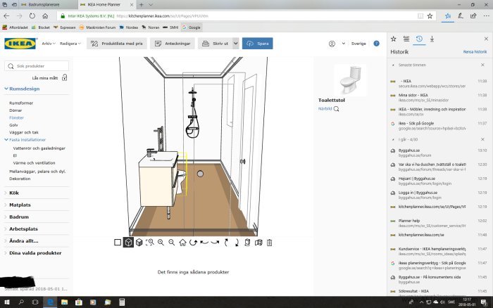 Skärmdump av ett digialt ritprogram med en ofärdig badrumsdesign.
