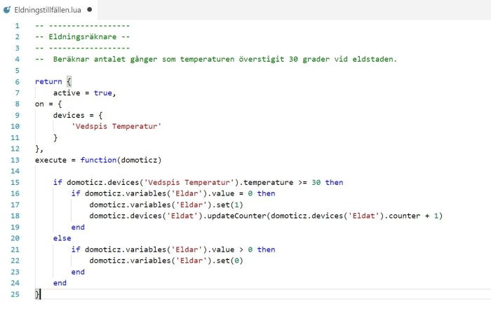 Skärmdump av LUA-kod för ett automatiserat system som räknar antalet gånger temperaturen överstiger 30 grader.