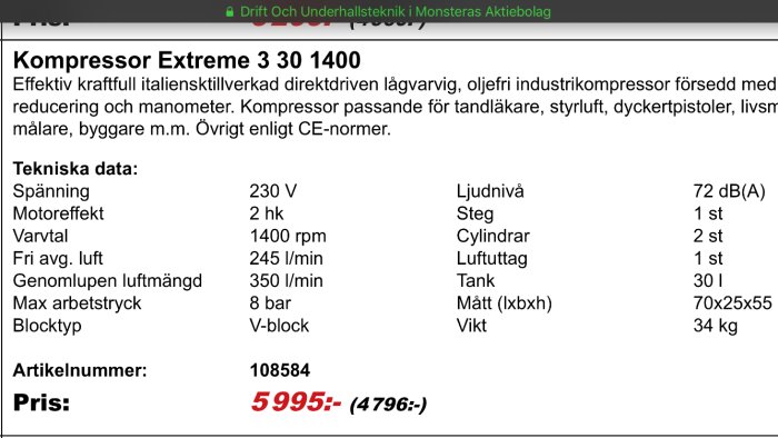Tekniska specifikationer och prisinformation för en industriell kompressor.