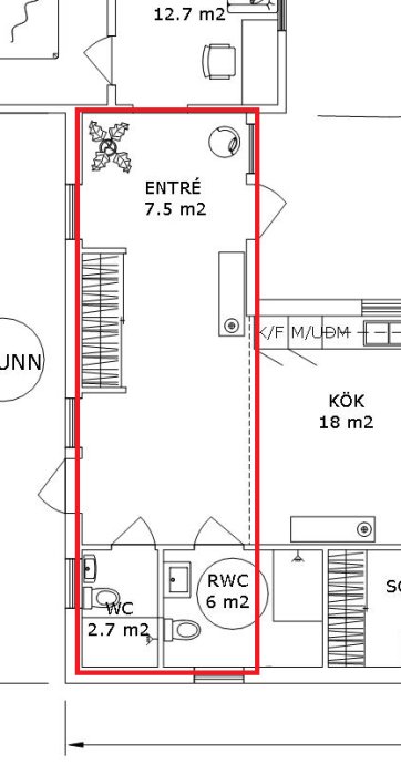 Ritning av en entréhall markerad som "dödyta" i ett hem, på 7.5 m², bredvid andra utrymmen.