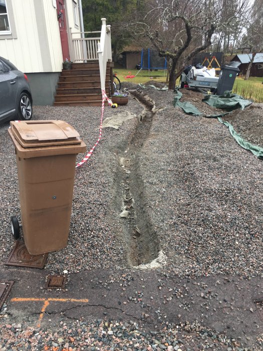 Nygrävd ränna för fiberkabel längs en grusuppfart vid ett bostadshus, avspärrad med varningssnören.