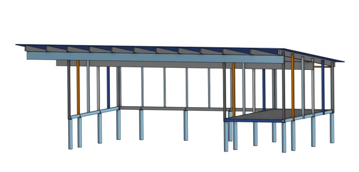 Digital skiss av en planerad dubbelcarport med förrådsdel och cykeltak.