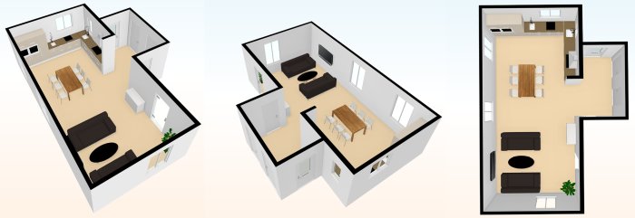 3D-skisser av ett kök och vardagsrum i planlösning för belysningsplanering.