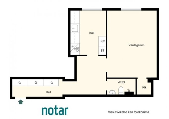 Plantekning av en lägenhet med kök, vardagsrum, hall och wc/duschrum, märkt "notar".