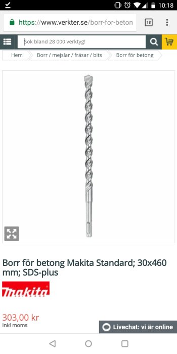 Betongborr Makita Standard 30x460 mm med SDS-plus fäste visas på en webbsida, priset 303 kr inklusive moms.