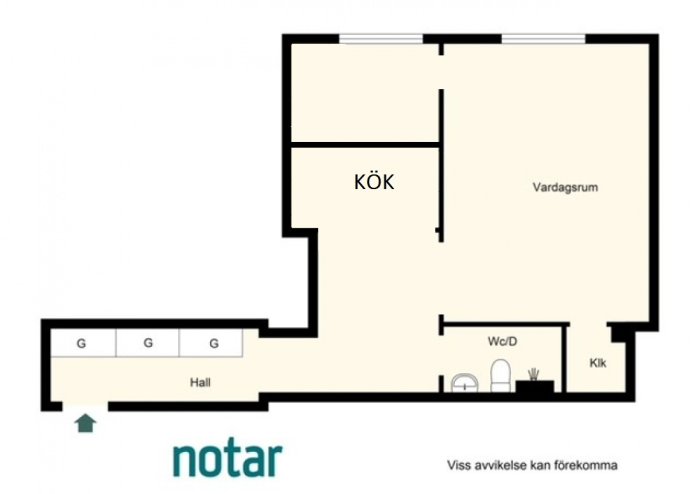 Ritning av en lägenhetsplan med nuvarande kök markerat, föreslagen som sovrum, intill vardagsrum.