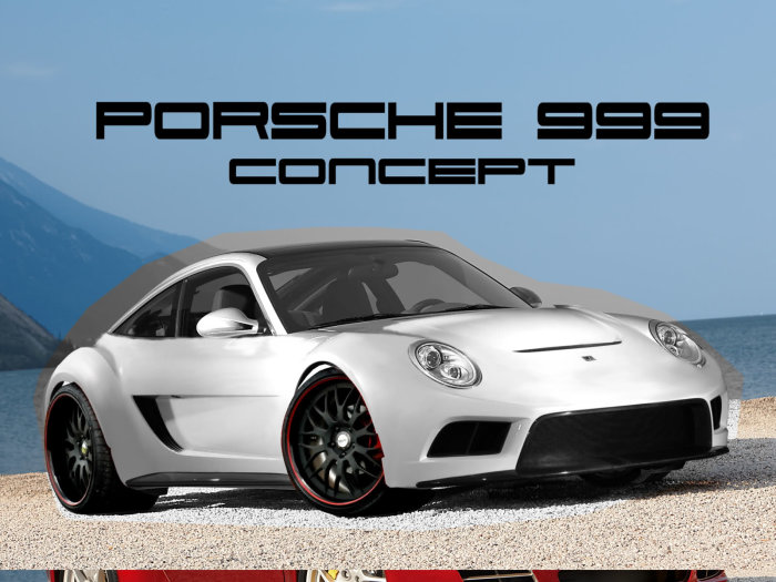 Silverfärgad Porsche 999 Concept parkerad vid en sjö med berg i bakgrunden.