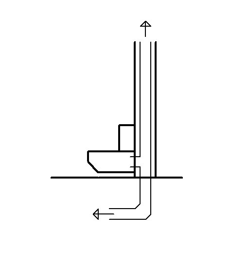 Schematisk ritning av avloppsstam med rakt uppdraget avluftning bakom en vägghängd toalett.