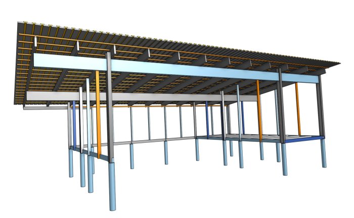 3D-modell av halvfärdigt byggprojekt med limträbalkar, stålstolpar, ströläkt och pålagd takpanel.