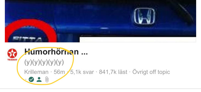 Skärmbild från diskussionsforum där användarnamnet "Krilleman" omges av flera paranteser i formatet "(y)".