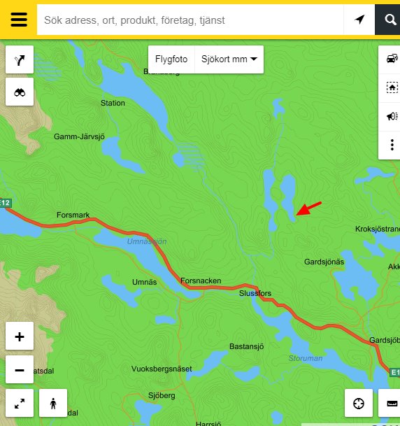 Kartbild över Stenträsket nära Storuman med potentiell bebyggelse markerad med röd pil.