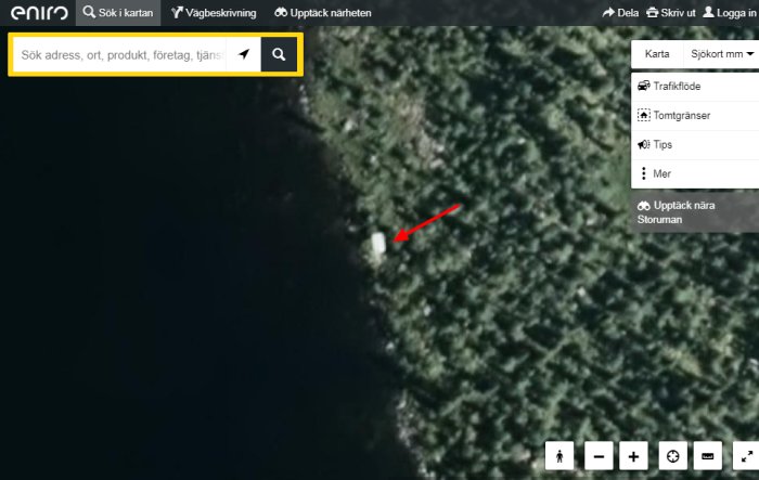 Flygbild över potentiell bebyggelse eller sten vid Stenträsket, Storuman från Eniro.