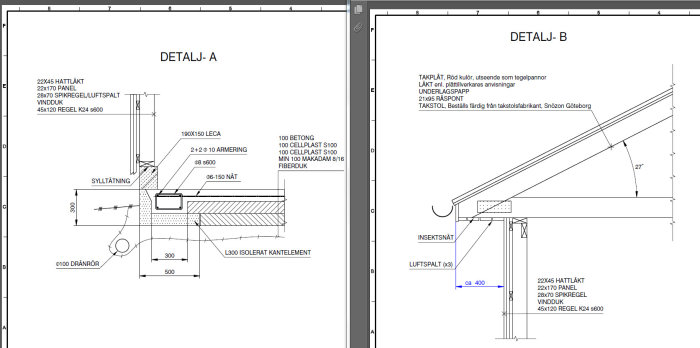 Två tekniska konstruktionsritningar av detaljer för attefallshus, med mått och materialspecifikationer.