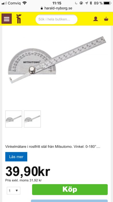 Rostfri stål vinkelmätare från Mitstomo med en skala från 0 till 180 grader på vit bakgrund.