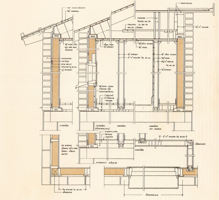 Arkitektonisk ritning av en väggkonstruktion med detaljerade mått och materialangivelser.