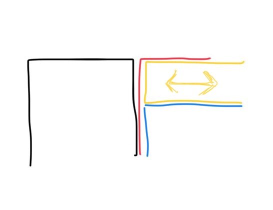 Schematisk bild av hörnet vid ett glasparti med fönsterprofil, list, betong och flytande golv i olika färger.