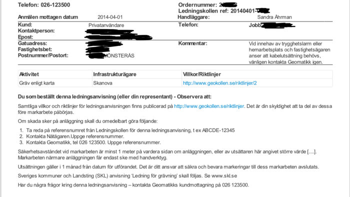 Dokument med ledningsanvisningar och säkerhetsavstånd för markarbeten nära telefonledning.