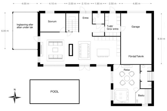 Skiss på en planlösning för ett hus med markerade rum som sovrum, entre, garage, relaxavdelning med pool och bastu.