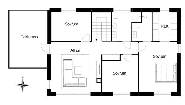 Skiss av en planlösning för våningsplan med takterrass, allrum, sovrum och klädkammare.